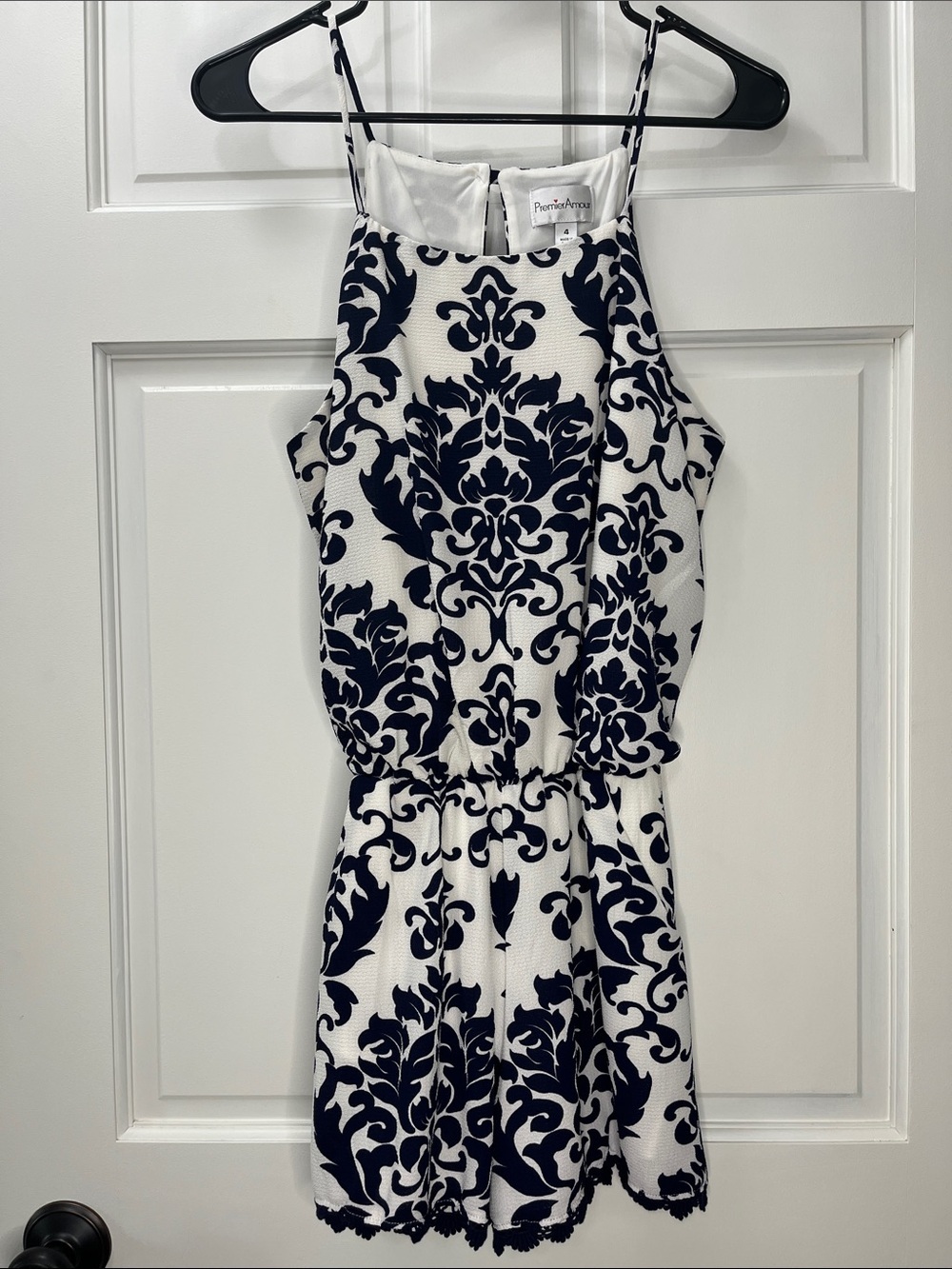 Premier Amour Damask Patterned Navy and White Shorts Romper - Size 4